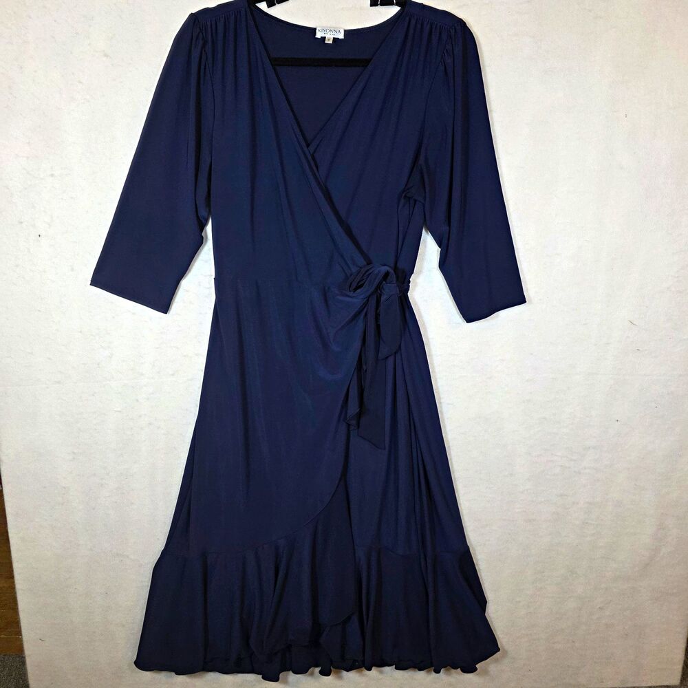 Kiyonna Women's Navy Solid Wrap Dress V-Neck 3/4 Sleeve Ruffle Knit Stretch 12